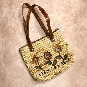 Sunflower Woven Straw Shoulder Bag Purse Tan Patchwork Floral Garden Cottagecore